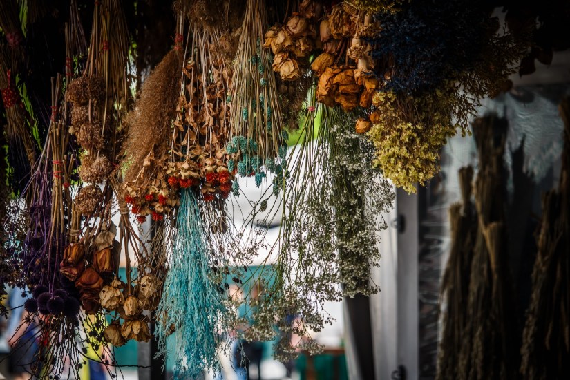 Dried flowers at Viktualienmarkt in Munich, Germany, April 2024
