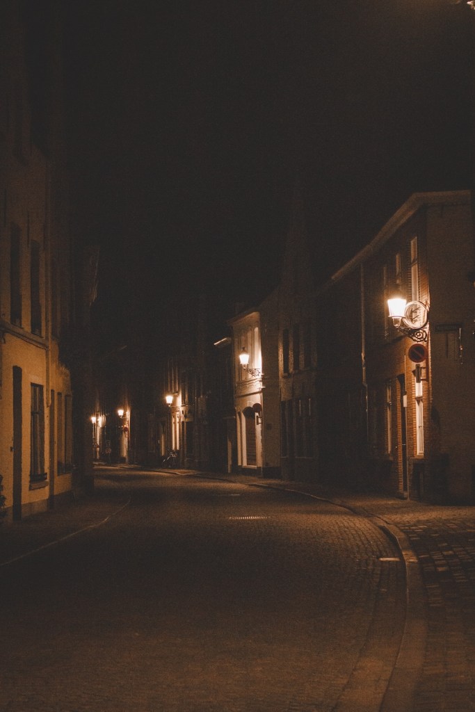 night time streets of Bruges, Belgium, April 2024